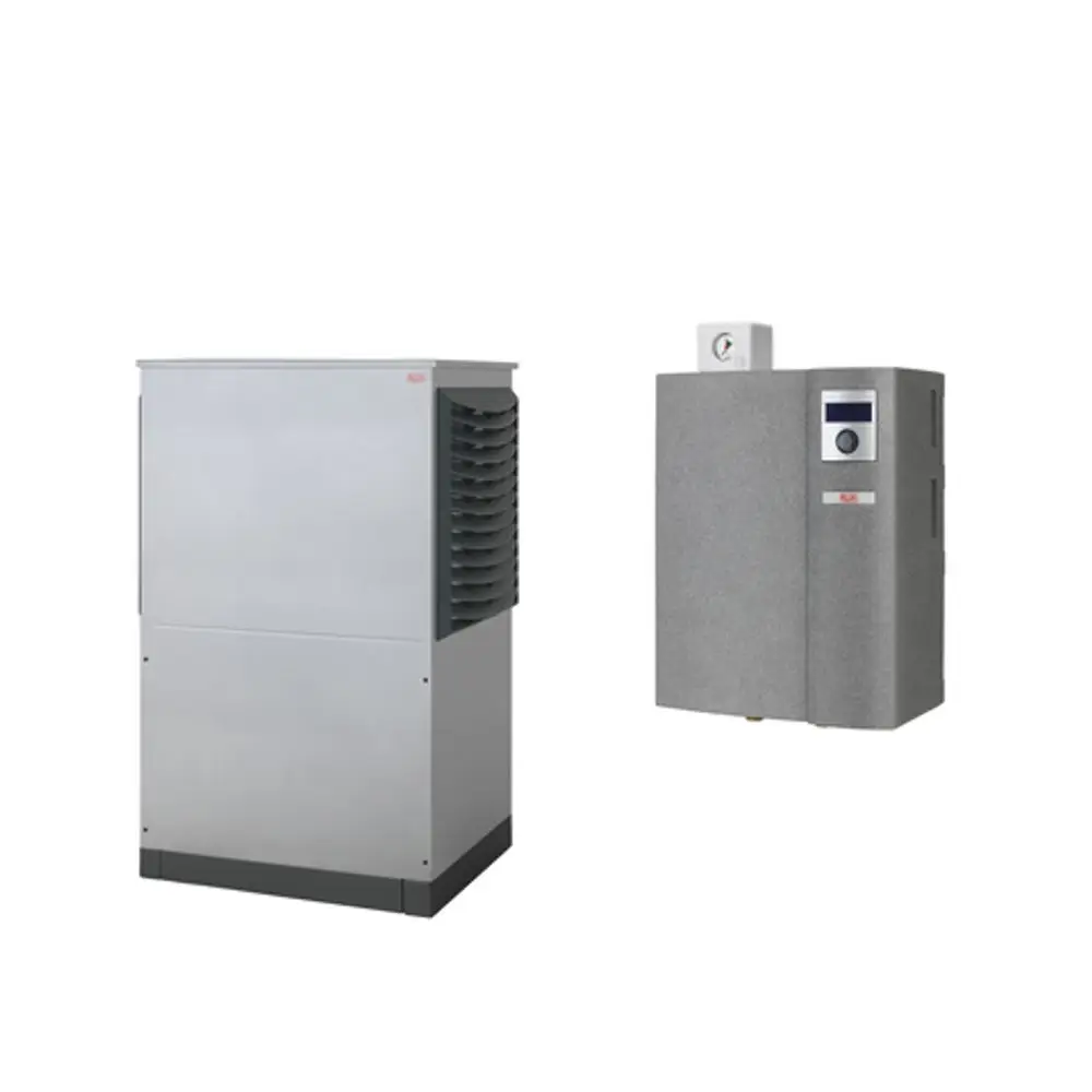 Roth Heizsystem mit zwei Einheiten: eine größere Box mit Lamellen und eine kompakte Steuereinheit daneben. Beide in neutralen Farben gehalten, geeignet für Heizungsinstallationen.